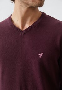 V-hals trui in donkerpaars gebreid met ribbelhals. Bevat een klein roze vogellogo op de borst. Glad textuur, aansluitend ontwerp.