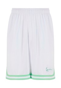 Shorts blancs en tissu texturé, dotés d'un ourlet rayé vert et blanc et d'un logo brodé en bas à gauche. Taille élastique.