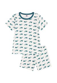 Set di pigiama a maniche corte in cotone bianco con stampa di balene teal. Include una maglietta con scollo a giro e pantaloni corti con vita elastica.