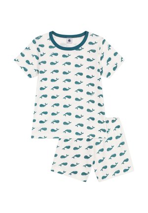Kurzärmliges Pyjama-Set aus weißer Baumwolle mit türkisfarbenem Wal-Muster. Enthält ein T-Shirt mit Rundhalsausschnitt und Shorts mit einem elastischen Bund.
