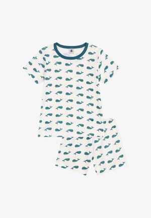 Ensemble de pyjama à manches courtes en coton blanc avec un motif de baleine turquoise. Comprend un t-shirt à col rond et un short avec une taille élastique.