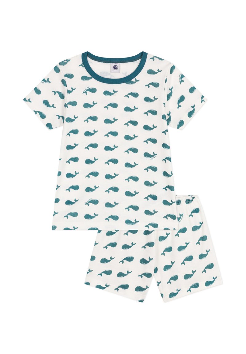 Set di pigiama a maniche corte in cotone bianco con stampa di balene teal. Include una maglietta con scollo a giro e pantaloni corti con vita elastica.