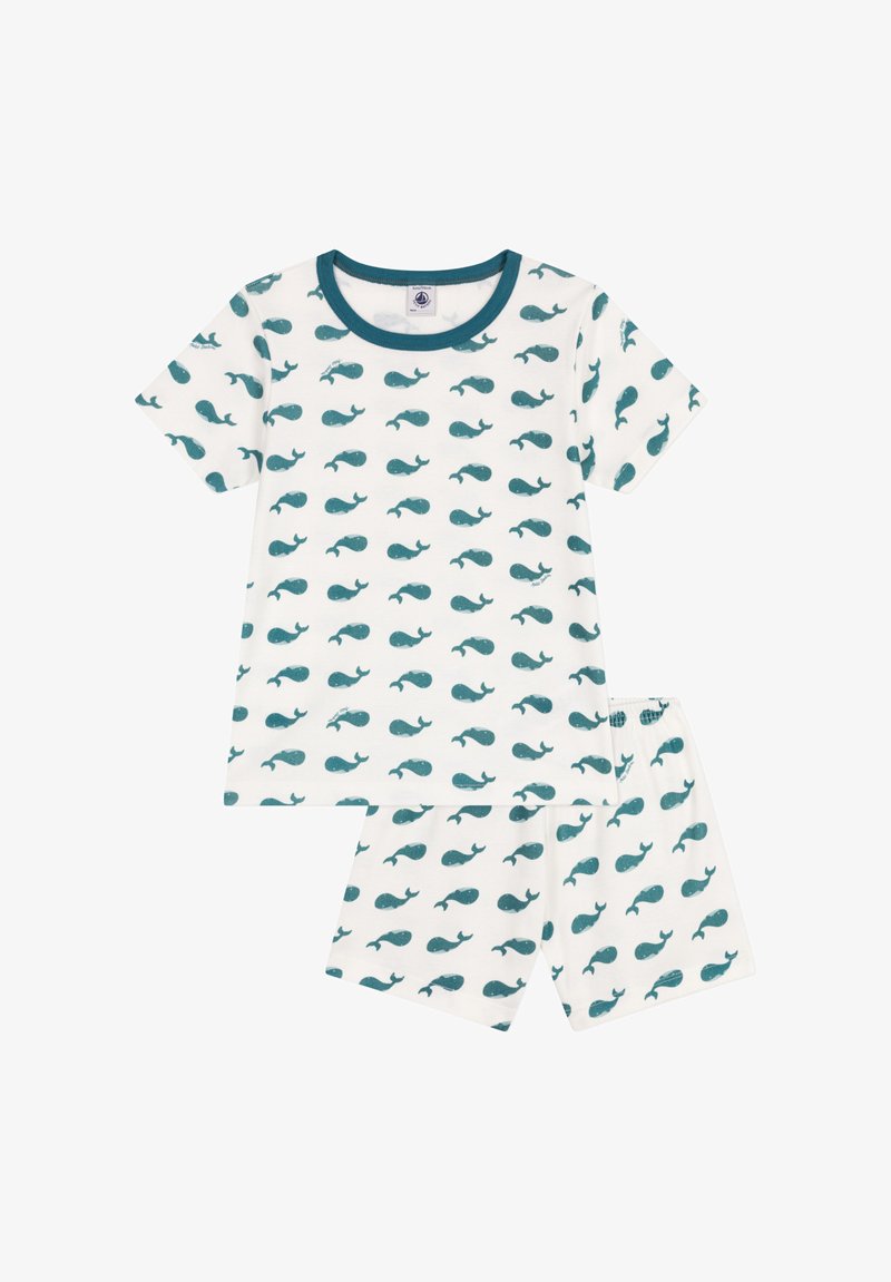 Short-sleeve pajama set in white cotton with teal whale print. Includes a crew neckline shirt and shorts with an elastic waistband.
