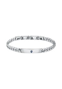 Silberarmband mit einer flachen ID-Platte, die ein blaues Symbol zeigt. Die Kettenglieder sind ineinander verwoben mit einer glatten Textur und polierter Oberfläche.