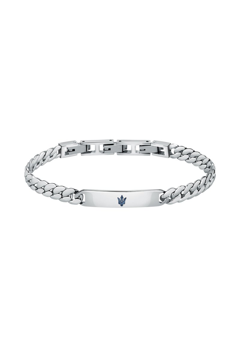 Silberarmband mit einer flachen ID-Platte, die ein blaues Symbol zeigt. Die Kettenglieder sind ineinander verwoben mit einer glatten Textur und polierter Oberfläche.