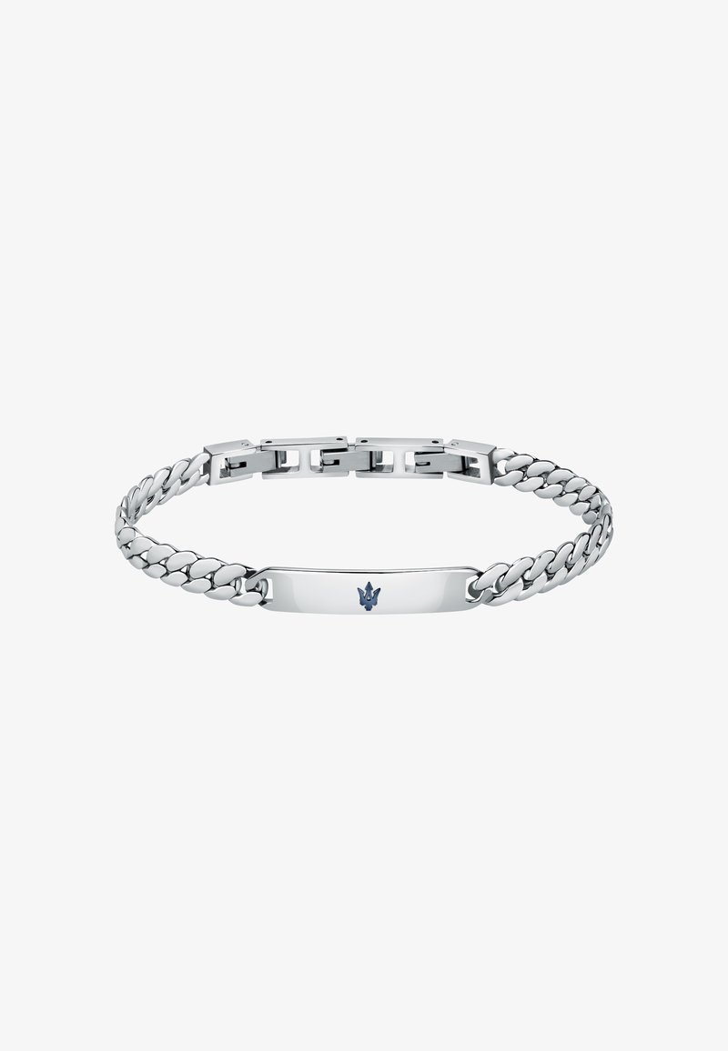 Silver bracelet with a flat ID plate featuring a blue symbol. The chain links are interwoven with a smooth texture and polished finish.