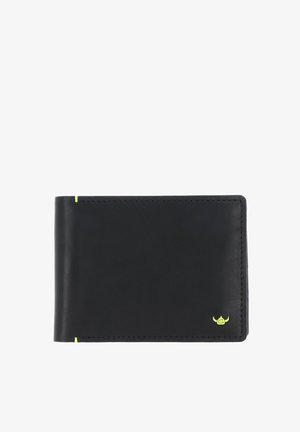 Black leather bifold wallet with neon yellow logo and stitching accents on a white background.