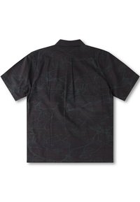 Short-sleeve shirt in black fabric with a subtle abstract pattern. Features a collar and a straight cut with back pleat for added movement.