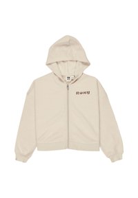 Svetlo béžová mikina na zips s jemnou textúrou, kapucňou a tmavohnedým logom "ROXY" na ľavej strane hrude. Obsahuje rebrované manžety a lem.