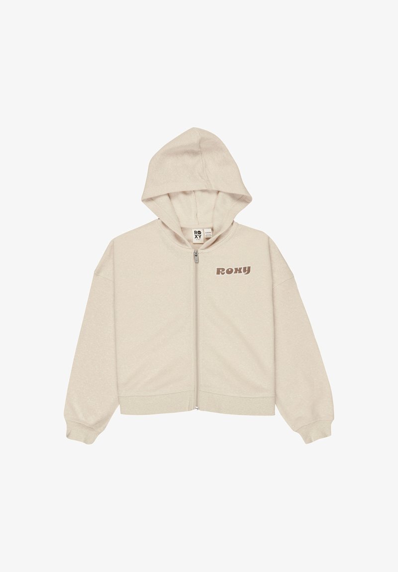 Felpa leggera color beige chiaro con zip, dal tessuto morbido, cappuccio e logo "ROXY" in marrone scuro sulla parte sinistra del petto. Include polsini e orlo a coste.