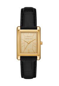 Złoty prostokątny zegarek Michael Kors z czarnym skórzanym paskiem, rzymskimi cyframi i trzema złotymi wskazówkami wskazującymi 10:08:37.