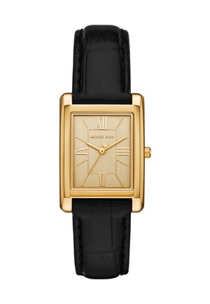 Reloj rectangular dorado de Michael Kors con correa de cuero negro, números romanos y tres manecillas doradas que marcan las 10:08:37.