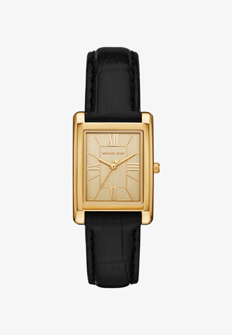 Złoty prostokątny zegarek Michael Kors z czarnym skórzanym paskiem, rzymskimi cyframi i trzema złotymi wskazówkami wskazującymi 10:08:37.