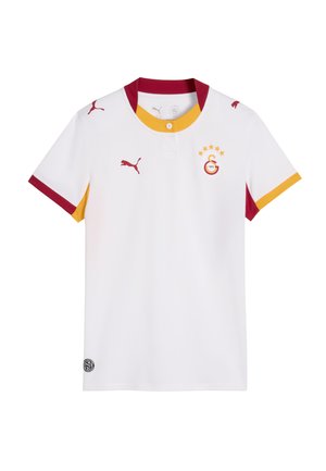 Wit sportshirt met korte mouwen met rode en gele accenten, Puma-logo's en het Galatasaray voetbalclubwapen met vijf sterren.