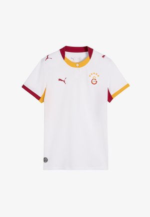 Maillot de sport blanc à manches courtes avec des accents rouges et jaunes, logos Puma, et un blason du club de football Galatasaray avec cinq étoiles.