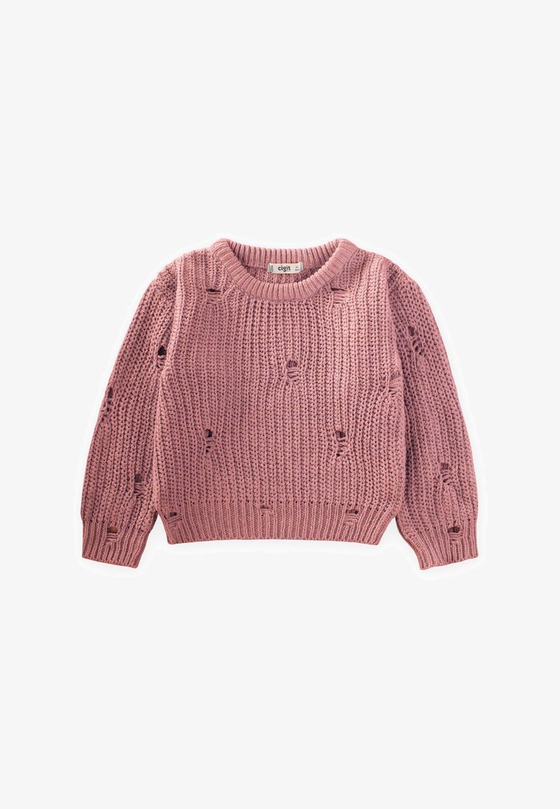 Růžový pletený svetr s žebrovanou texturou, volnějšími oky a kulatým výstřihem. Rukávy jsou mírně nafouklé s příjemným úzkým lemem.