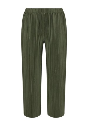 Green pleated trousers feature an elastic waistband. The fabric has a smooth texture with vertical stripes, reaching mid-calf length.