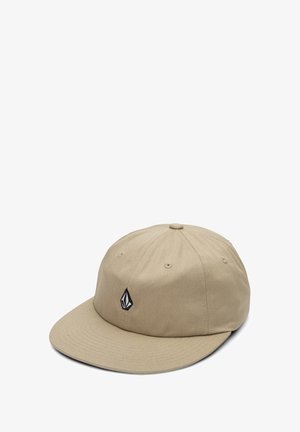 Casquette de baseball beige à six panneaux avec une visière incurvée et un petit logo géométrique noir et blanc au centre devant.
