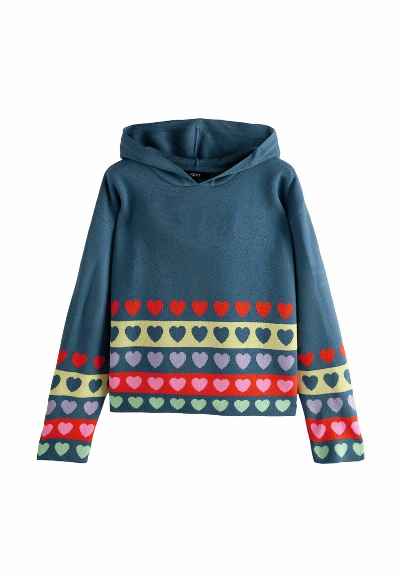 Sweat à capuche bleu avec un design texturé. Le corps présente des bandes horizontales de motifs de cœurs variés en rouge, rose, vert et jaune.