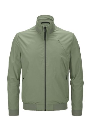 Hellgrüne Jacke mit Stehkragen, Frontreißverschluss, zwei Seitentaschen und gerippten Bündchen mit Netzdetails. Glatte Stofftextur.