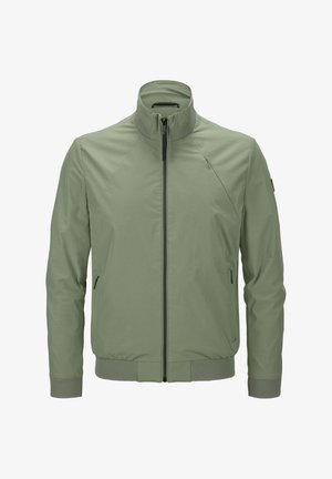 Light green jacket with a stand-up collar, front zipper, two side pockets, and ribbed cuffs with mesh details. Smooth fabric texture.