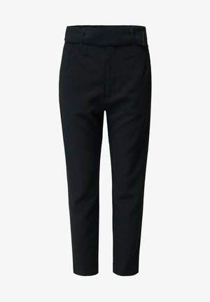 Black trousers made of woven fabric with a smooth texture, featuring a flat front, side pockets, and an ankle-length cut.