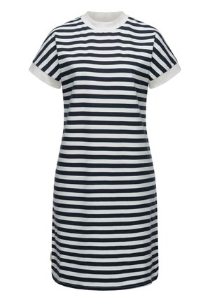 Lyhythihainen, polvipituinen mekko, jossa vaakasuorat mustavalkoiset raidat, valkoinen kaulus ja valkoiset hihansuut.