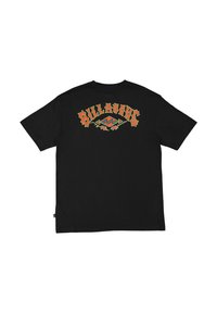 Camiseta de algodón negra con un gráfico multicolor de "Billabong" en la parte trasera, que presenta iconografía de olas y acentos florales. Manga corta, corte relajado.