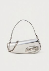 Silver metallic handbag with a curved shape, logo detail, and a detachable chain strap, featuring a smooth, glossy texture.