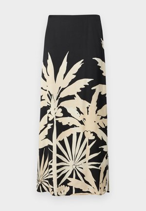 Maxi-Rock in Schwarz mit großem beigen tropischen Blattmuster, mit glatter Textur und gerader Silhouette. Keine sichtbaren Verschlüsse oder Taschen.