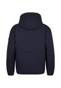 Jachetă puffer albastru marin cu glugă, având manșete elastice, o cusătură orizontală centrală și o textură netedă. Viziune din spate afișată.