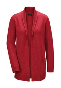 Roter Strickcardigan mit offenem Vorderteil, aufgesetzten Taschen, gerippten Bündchen und Saum. Weicher Stoff mit leicht lockerer Passform und minimalistischem Design.