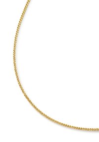 Goldkette mit gedrehtem Design, glatter Textur und schlankem Profil. Länge und Glanz betonen ihre Eleganz.