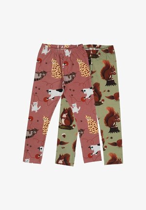 Two pairs of children's leggings: one salmon pink with cat patterns, the other olive green with squirrels, both made from soft cotton fabric.
