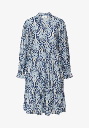 Virágmintás ruha világoskék és sötétkék színben, hosszú ujjal, V nyakkivágással, réteges szoknyával és fodros mandzsettával. Texturált anyagból készült.