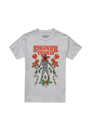 STRANGER THINGS CHRISTMAS DEMOGORGON DICE CANES AND COOKIES - Print T-shirt - mottled light grey