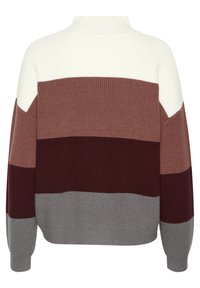 Maglione Faro con colletto alto, texture a coste e design a blocchi di colore in bianco, malva, bordeaux e grigio.