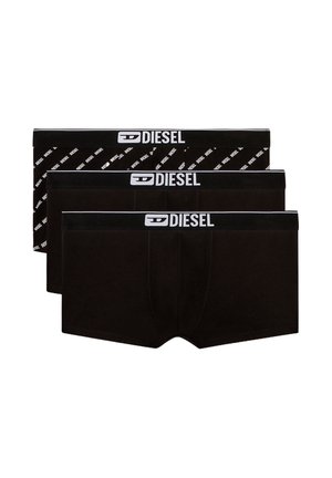 Drei schwarze Boxershorts mit kontrastierendem weißen DIESEL-Logo auf dem Bund. Das Material hat eine glatte Textur und ein minimalistisches Design.