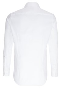 Witte blouse met lange mouwen, een standaard kraag, knoopmanchetten, een gladde textuur en een eenvoudige uitstraling. De blouse heeft een gebogen zoom en geen versieringen.