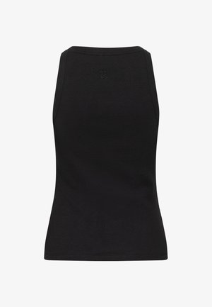 Čierny bezrukávový rebrovaný tielkový top s okrúhlym výstrihom a malým vyšitým logom umiestneným v strede blízko horných chrbtových častí.