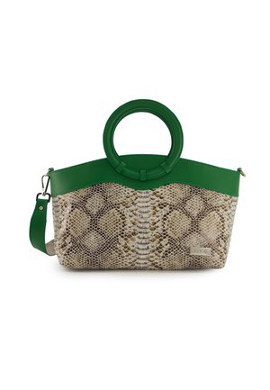 Grüne Lederhandtasche mit einem runden Griff, ausgestattet mit einem strukturierten tanfarbigen Schlangenhaut-Muster und einem goldenen Logoakzent an der Seite.