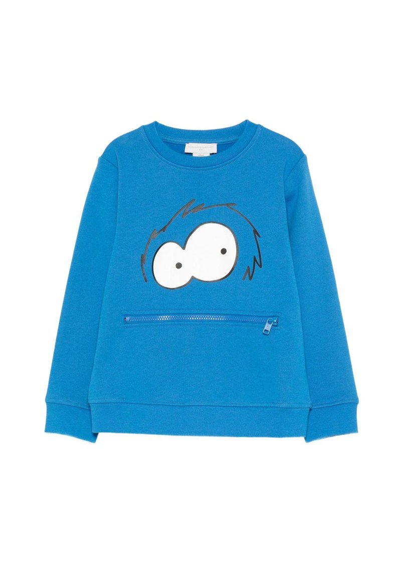 Felpa per bambini di un vivace blu con grandi occhi da cartone animato e una tasca con zip orizzontale sotto la grafica sul davanti.