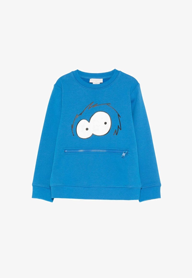 Felpa per bambini di un vivace blu con grandi occhi da cartone animato e una tasca con zip orizzontale sotto la grafica sul davanti.