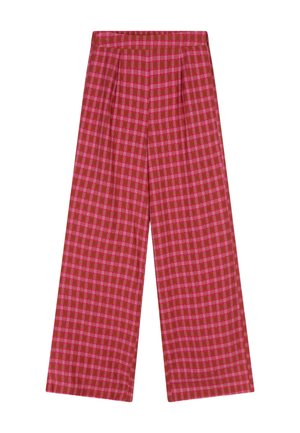 Hoge taille wijde pijpen broek met een rood- en roze geruit patroon en plooien aan de tailleband.