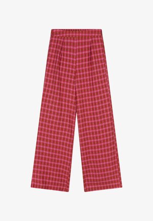 Hoge taille wijde pijpen broek met een rood- en roze geruit patroon en plooien aan de tailleband.