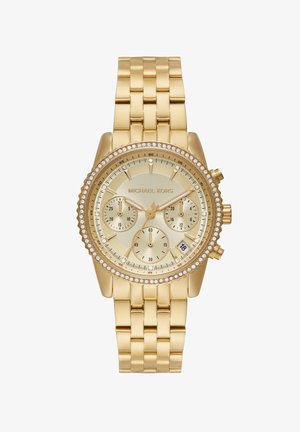 Orologio Michael Kors in tono oro presenta un quadrante testurizzato, tre sottodial, display della data e dettagli in cristallo sulla lunetta e sul bracciale in metallo.