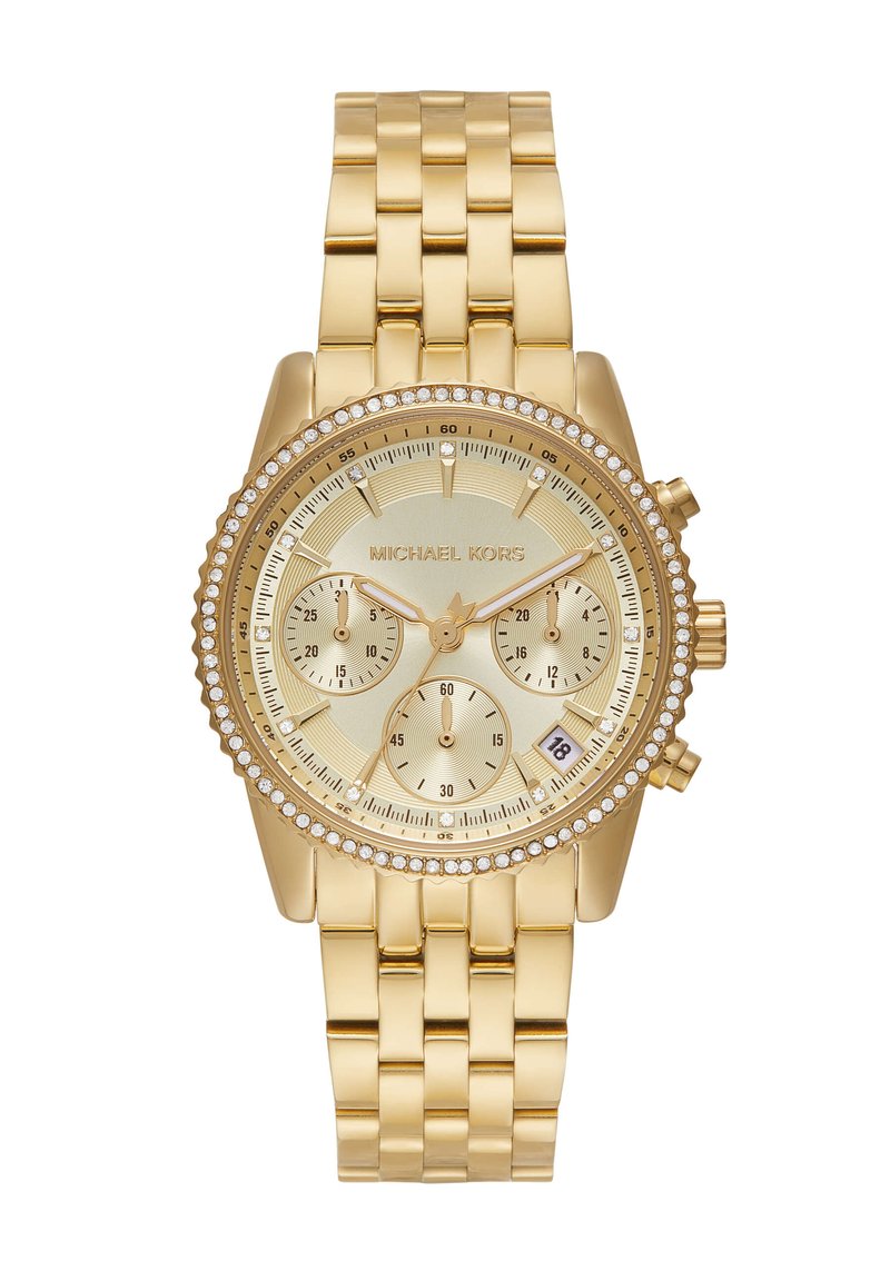 Montre Michael Kors dorée avec un cadran texturé, trois sous-cadrans, un affichage de date et des accents en cristal sur la lunette et le bracelet en métal.