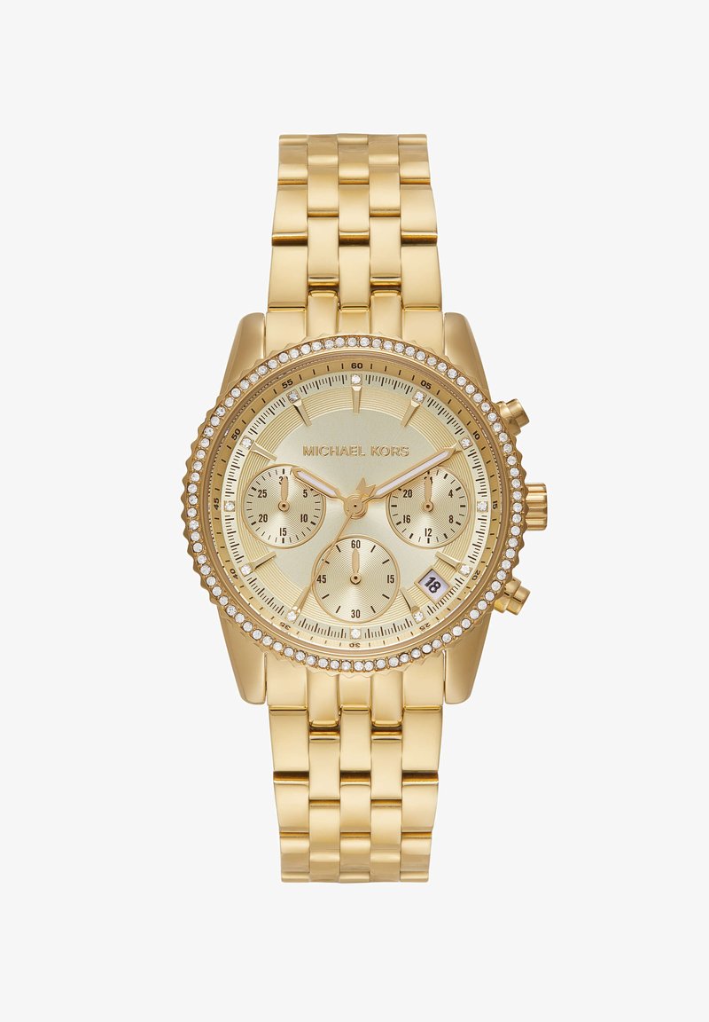 Die goldfarbene Michael Kors Uhr verfügt über ein strukturiertes Zifferblatt, drei Nebenzifferblätter, eine Datumsanzeige und Kristallakzente auf der Lünette und dem Metallarmband.