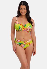 Bloemige bikini-set met een limoen groene achtergrond, levendige roze en oranje bloemen, ondergoedsteun, verstelbare bandjes en hoogtaille-broekjes.