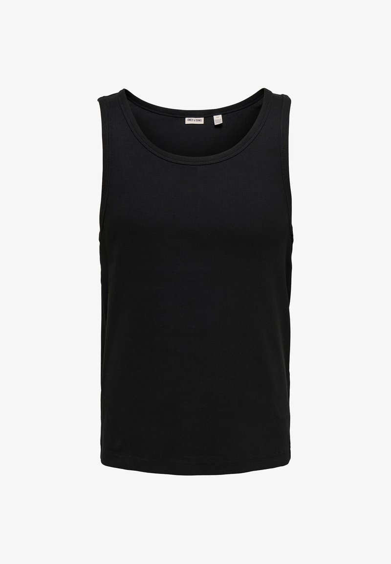 Canotta nera in cotone. Presenta un collo rotondo e un design senza maniche. Semplice, di un colore uniforme senza motivi o decorazioni.